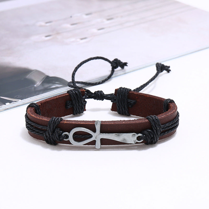 Set of 6 Pieces Adjustable Leather Bracelets with cross