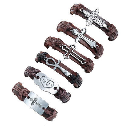 Set of 6 Pieces Adjustable Leather Bracelets with cross