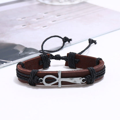 Set of 6 Pieces Adjustable Leather Bracelets with cross