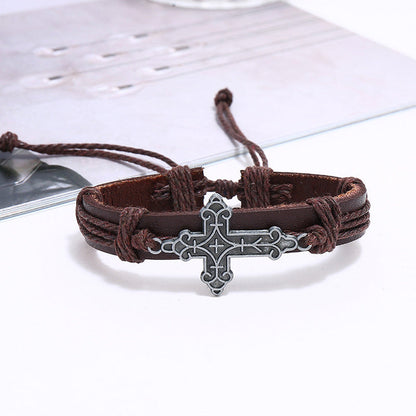 Set of 6 Pieces Adjustable Leather Bracelets with cross