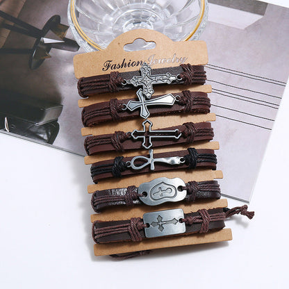 Set of 6 Pieces Adjustable Leather Bracelets with cross