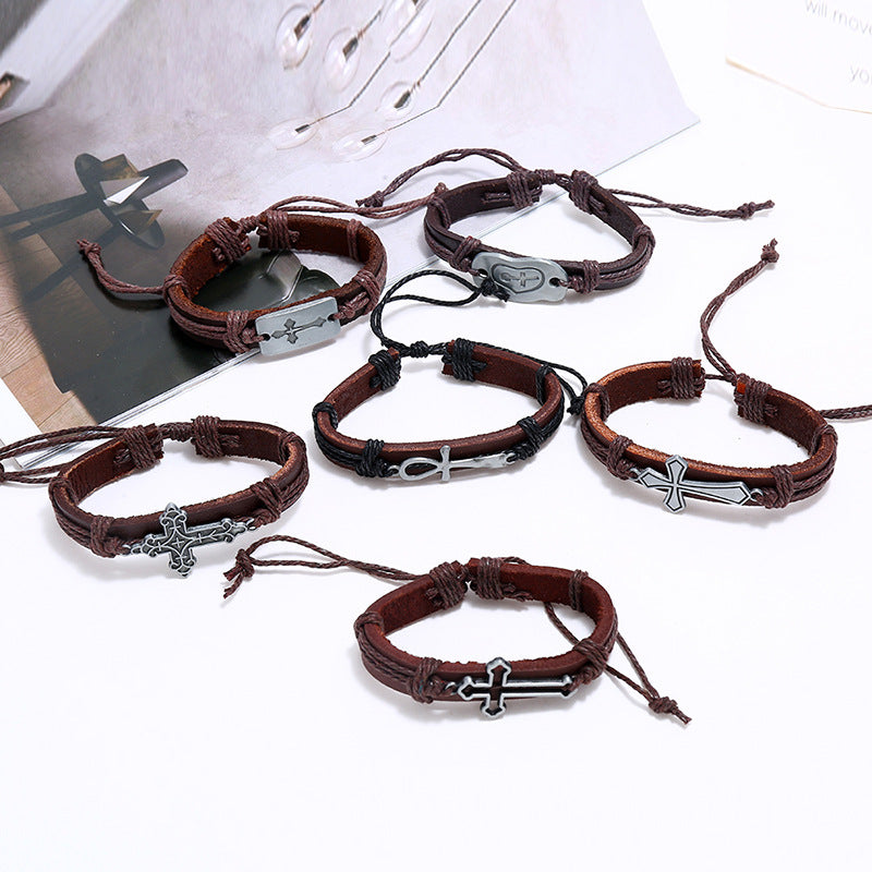 Set of 6 Pieces Adjustable Leather Bracelets with cross