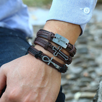 Set of 6 Pieces Adjustable Leather Bracelets with cross