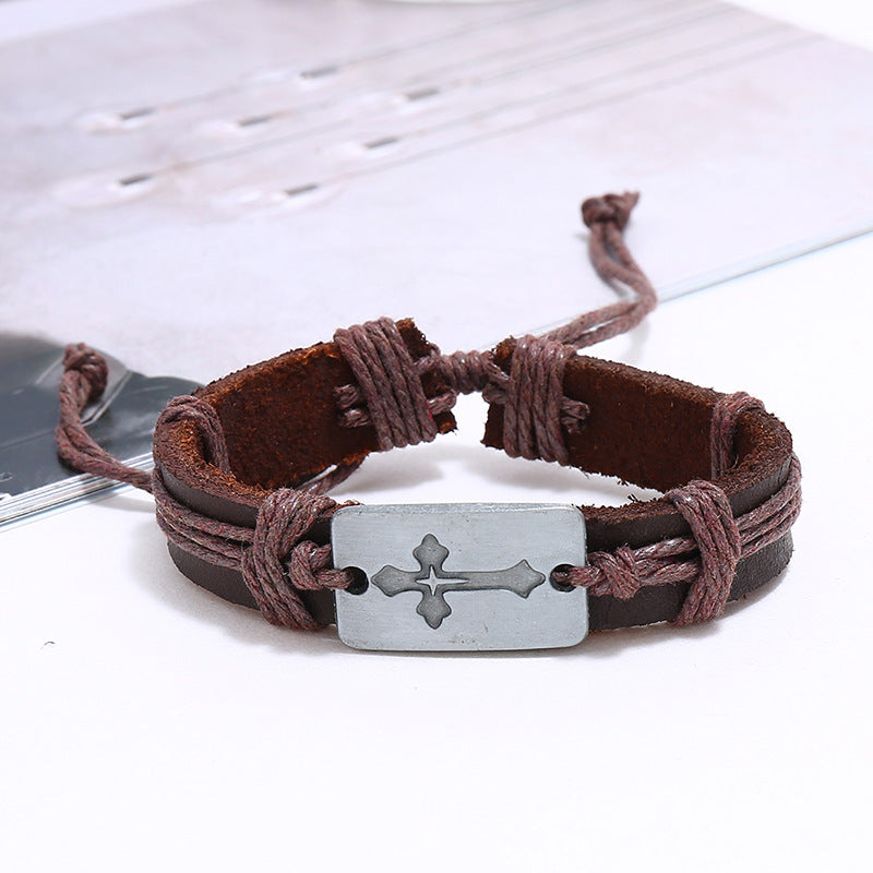 Set of 6 Pieces Adjustable Leather Bracelets with cross