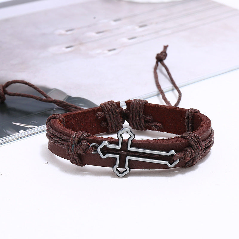 Set of 6 Pieces Adjustable Leather Bracelets with cross