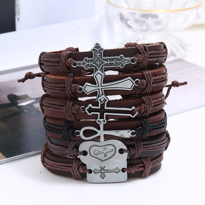 Set of 6 Pieces Adjustable Leather Bracelets with cross