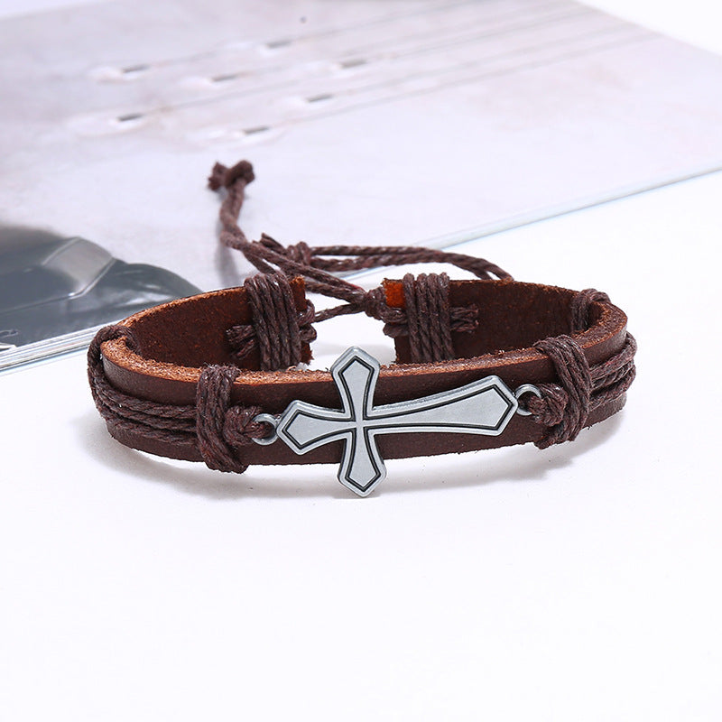 Set of 6 Pieces Adjustable Leather Bracelets with cross