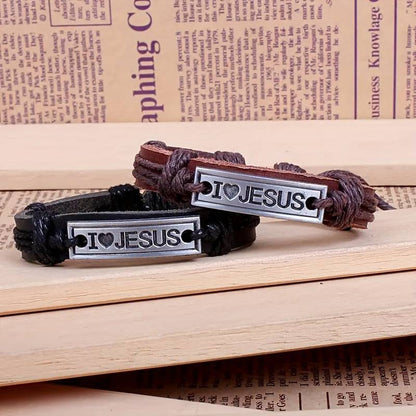 Adjustable Leather Bracelet, "I Love Jesus"