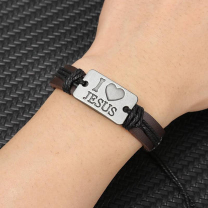 Adjustable Leather Bracelet, "I Love Jesus"