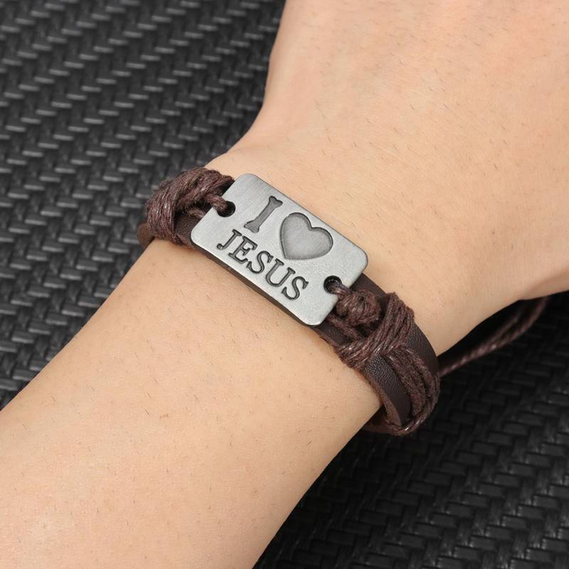 Adjustable Leather Bracelet, "I Love Jesus"