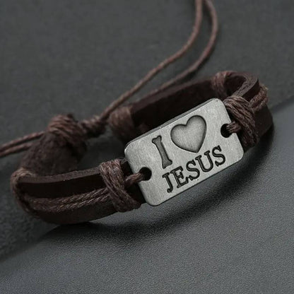 Adjustable Leather Bracelet, "I Love Jesus"