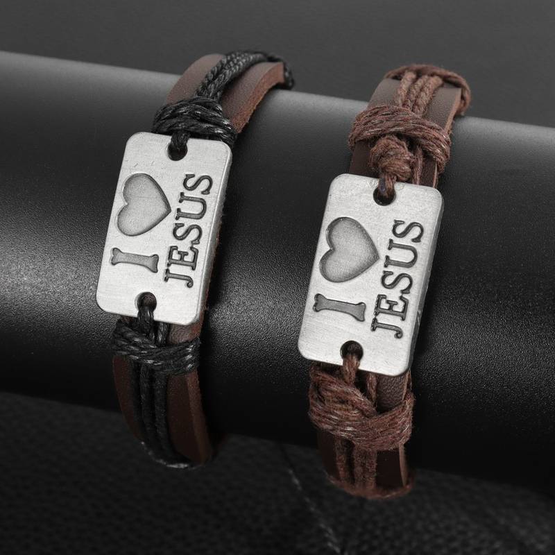 Adjustable Leather Bracelet, "I Love Jesus"