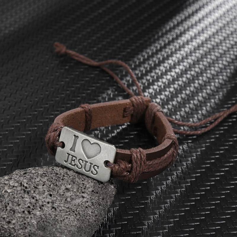 Adjustable Leather Bracelet, "I Love Jesus"