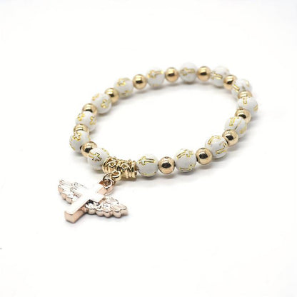 Angel Cross Bracelet Wristband, Golden Cross Bead Jewelry