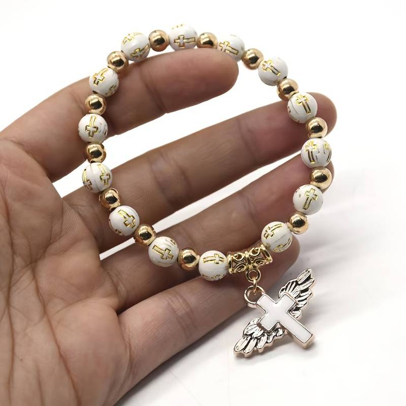 Angel Cross Bracelet Wristband, Golden Cross Bead Jewelry