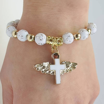 Angel Cross Bracelet Wristband, Golden Cross Bead Jewelry