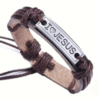 Adjustable Leather Bracelet, "I Love Jesus"