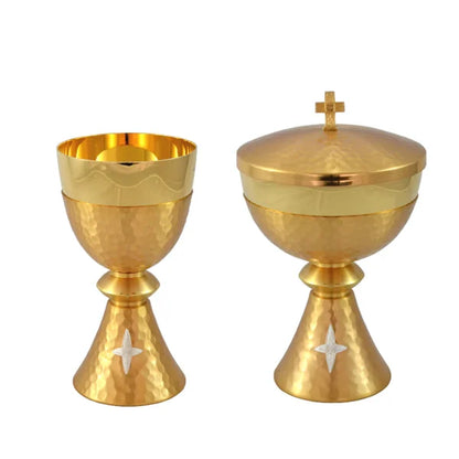 Chalice 17 cm and Ciborium 19 cm hammered with Cross