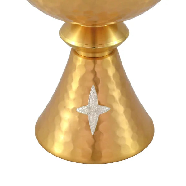 Chalice 17 cm and Ciborium 19 cm hammered with Cross