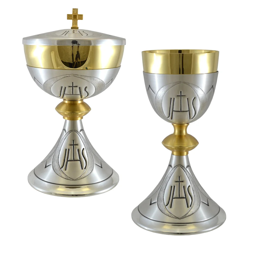 Chalice ,Ciborium and Bowl Paten silvered IHS – Pax – Cross