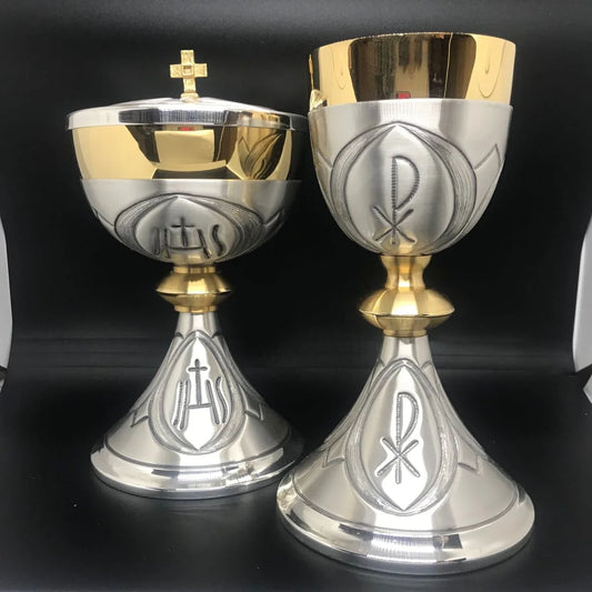 Chalice ,Ciborium and Bowl Paten silvered IHS – Pax – Cross