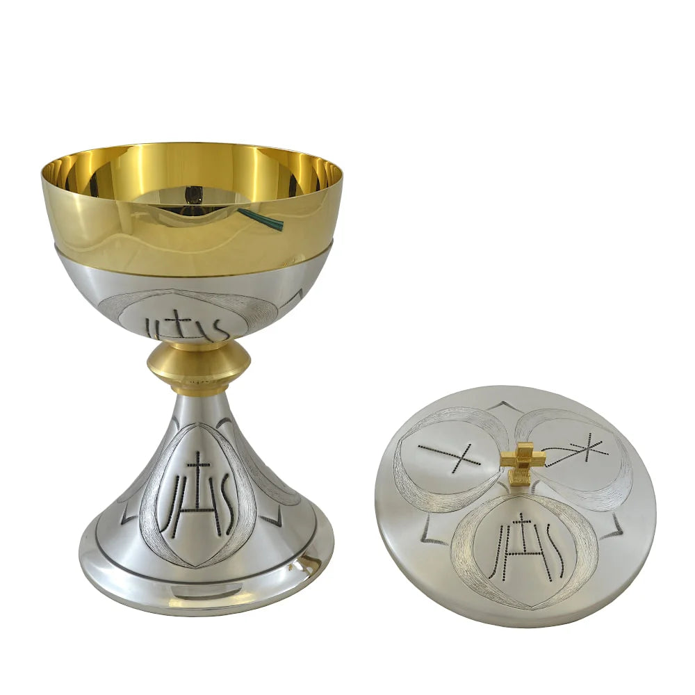 Chalice ,Ciborium and Bowl Paten silvered IHS – Pax – Cross