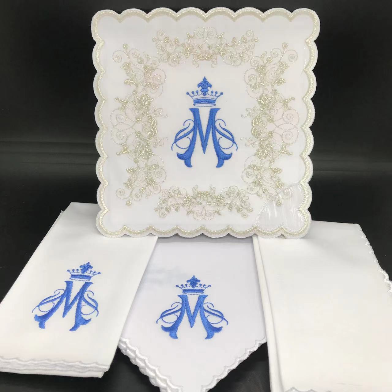 Altar linens set, with Marian symbol, cotton and polyester