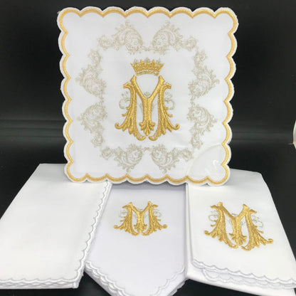 Altar linens set, with Marian symbol