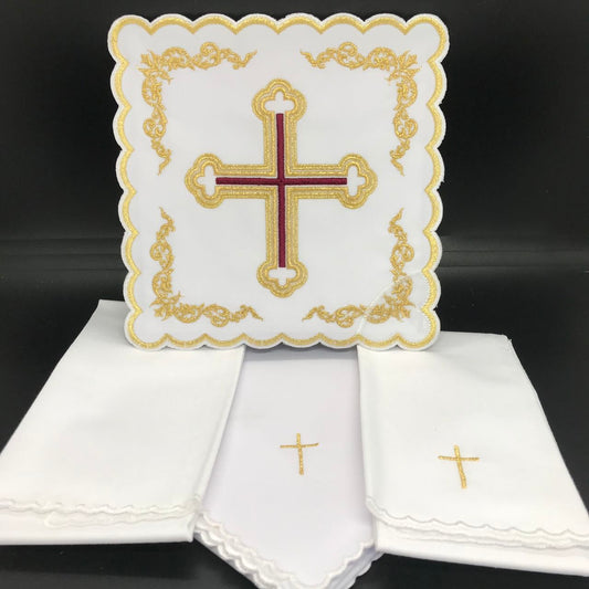 Altar linen golden embroideries and baroque cross, cotton