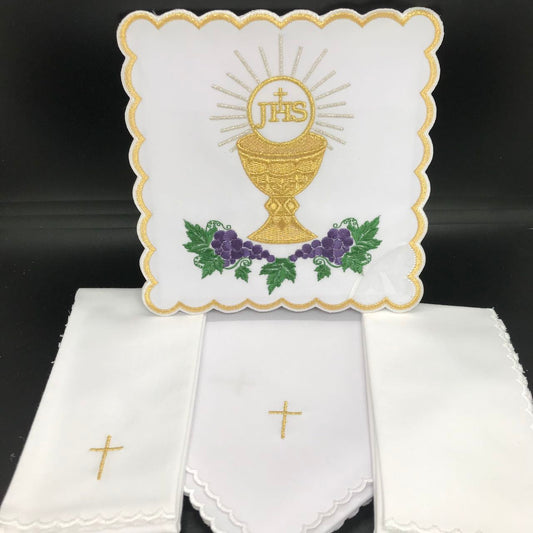 Altar linen grapes golden borders chalice host and JHS, cotton