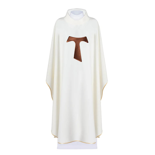 Liturgical chasuble decorated with the TAU Franciscan cross  Ecru