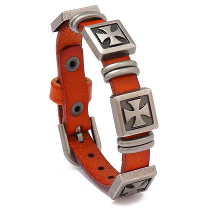 Adjustable Leather Bracelet with Greek cross