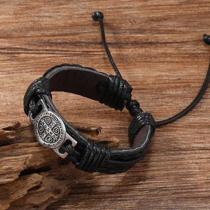 Adjustable Leather Bracelet with Saint Benedict