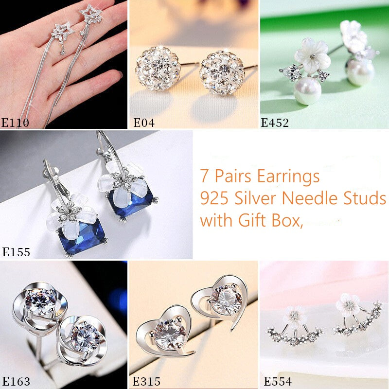 7 Pairs Earrings 925 Silver Needle Stud with Gift Box