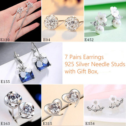 7 Pairs Earrings 925 Silver Needle Stud with Gift Box