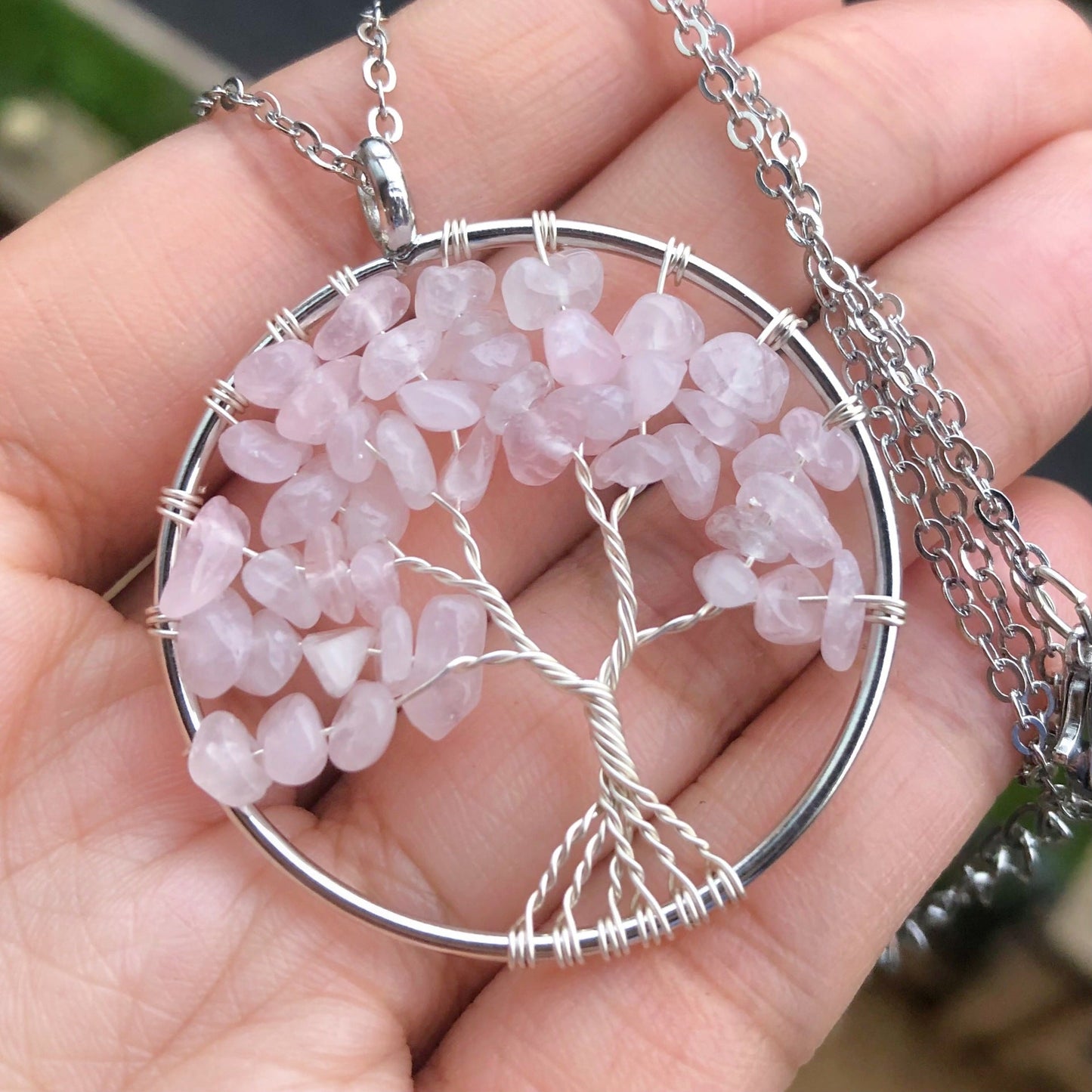 Natural Crushed Stone Crystal Silver Color Tree Of Life Necklace