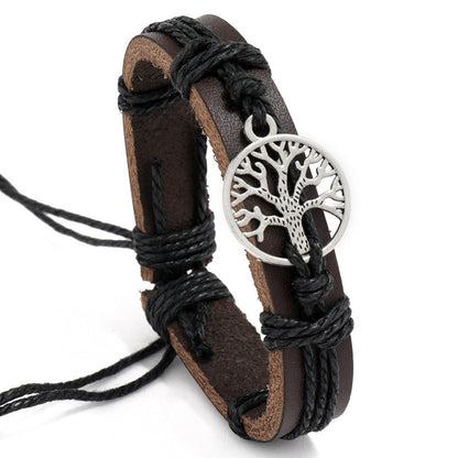 Adjustable Leather Bracelet with Tree of Life