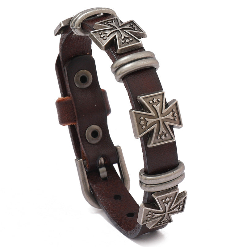 Adjustable Leather Bracelet with Greek cross