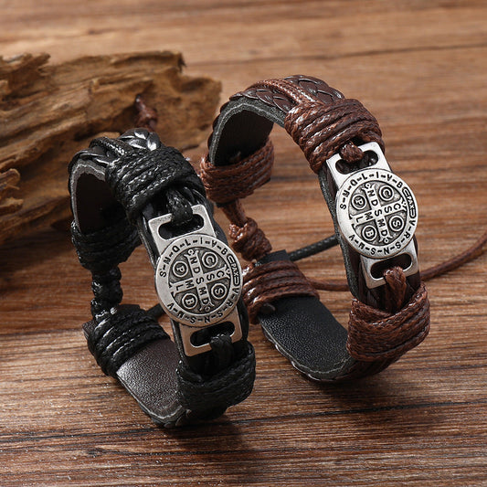 Adjustable Leather Bracelet with Saint Benedict