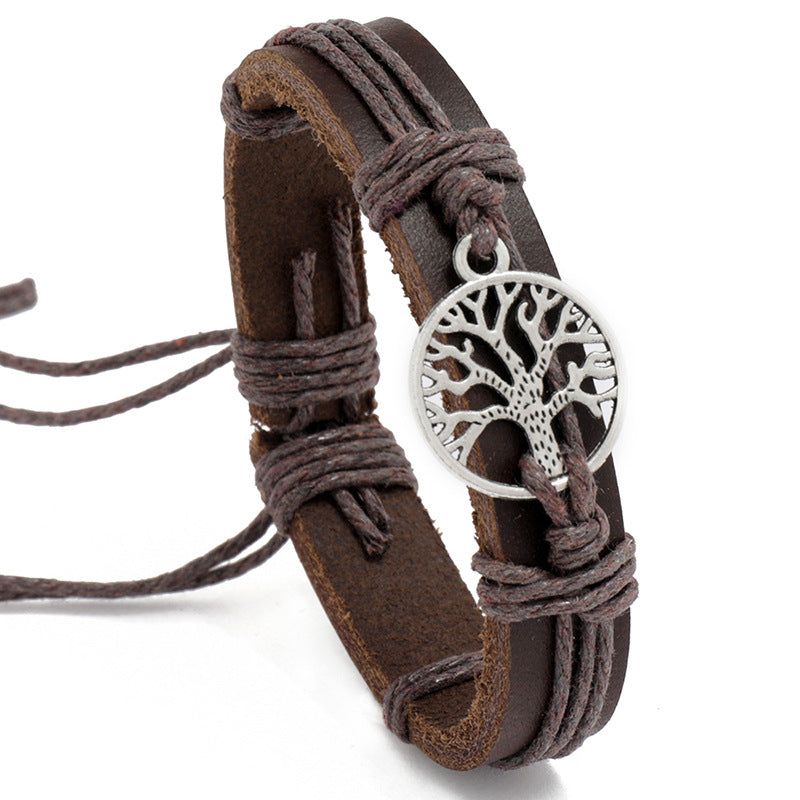 Adjustable Leather Bracelet with Tree of Life