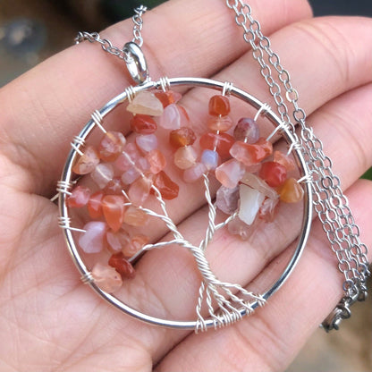 Natural Crushed Stone Crystal Silver Color Tree Of Life Necklace