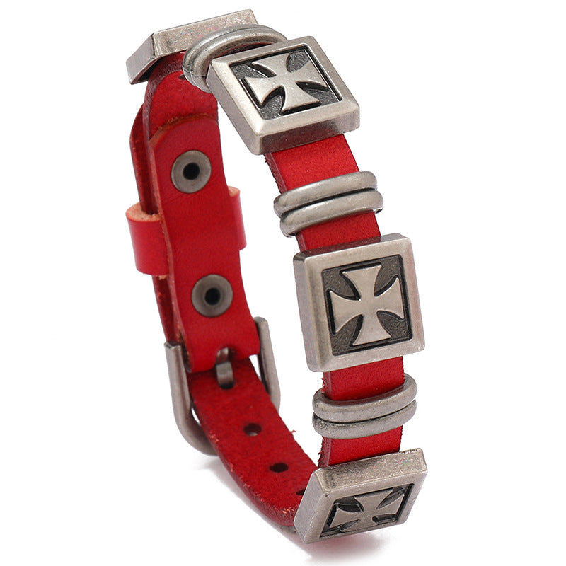 Adjustable Leather Bracelet with Greek cross