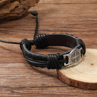 Adjustable Leather Bracelet with Saint Benedict