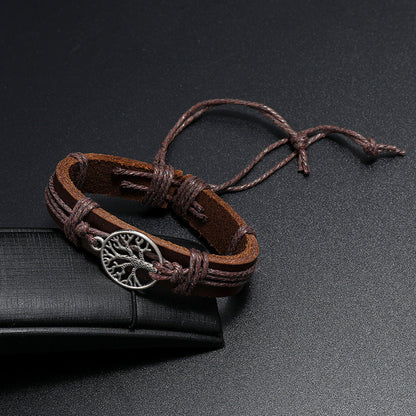 Adjustable Leather Bracelet with Tree of Life