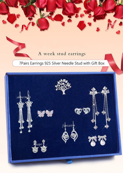 7Pairs Earrings 925 Silver Needle Stud with Gift Box, Earbob Stud for Woman, A Week of Earrings, Luxury, Romantic Gift