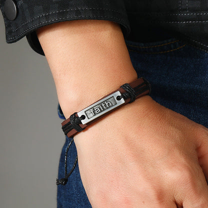 Adjustable Leather Bracelet with Faith