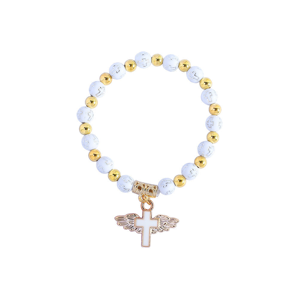 Angel Cross Bracelet Wristband, Golden Cross Bead Jewelry