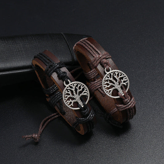 Adjustable Leather Bracelet with Tree of Life