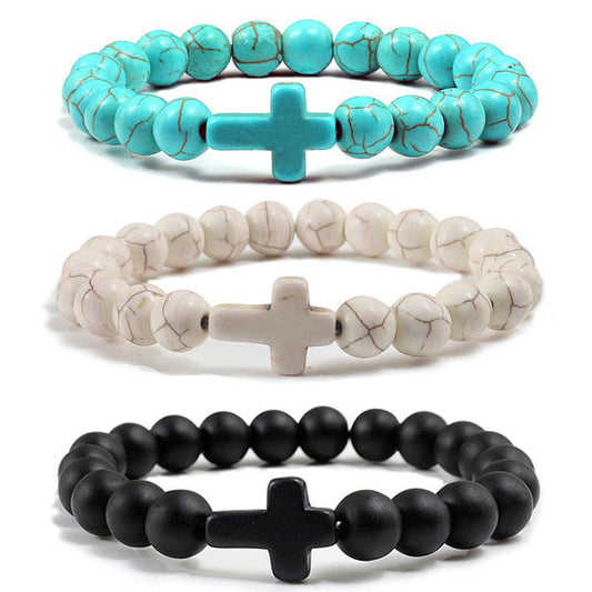 Turquoise Stone 8mm Bracelet With Cross