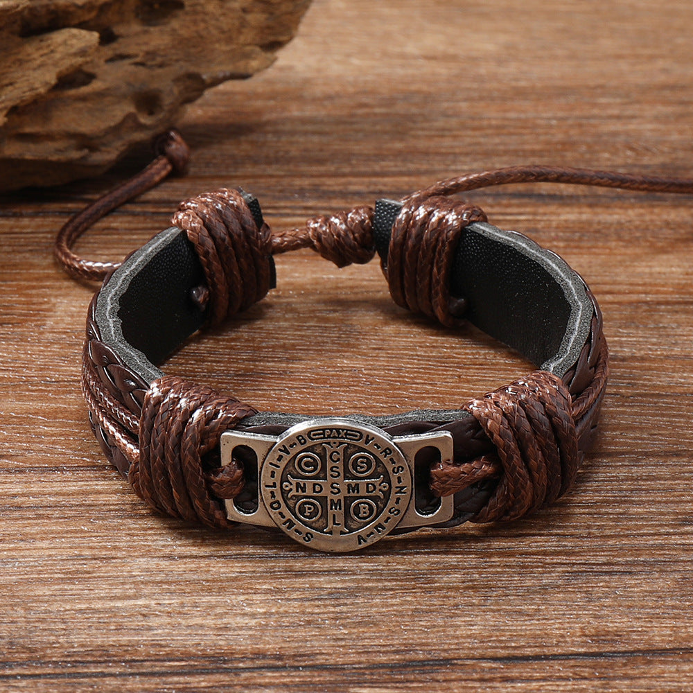 Adjustable Leather Bracelet with Saint Benedict